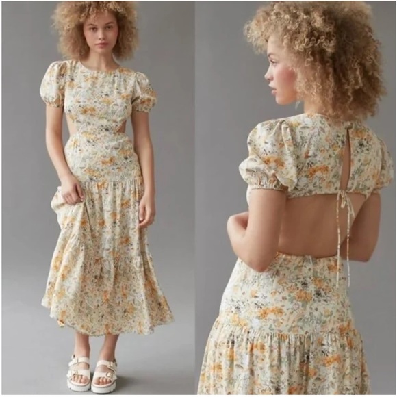Kiss The Sky Tiered Maxi Dress - Puff Sleeve Open Back Cutout Ditsy Floral Dress - Picture 3 of 10